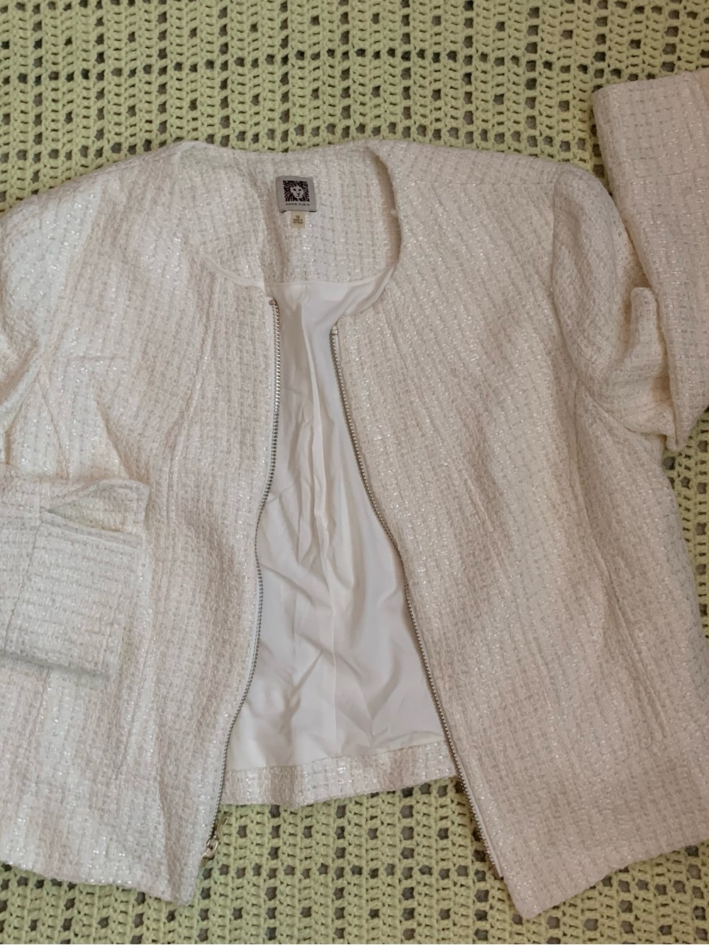 Ann Klein Ivory White Tweed Zip-Front Jacket